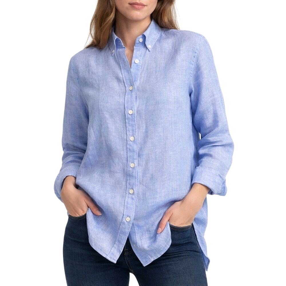 Claridge + King 100% Linen Button Down Shirt Blue Womens Small Relaxed Boyfriend